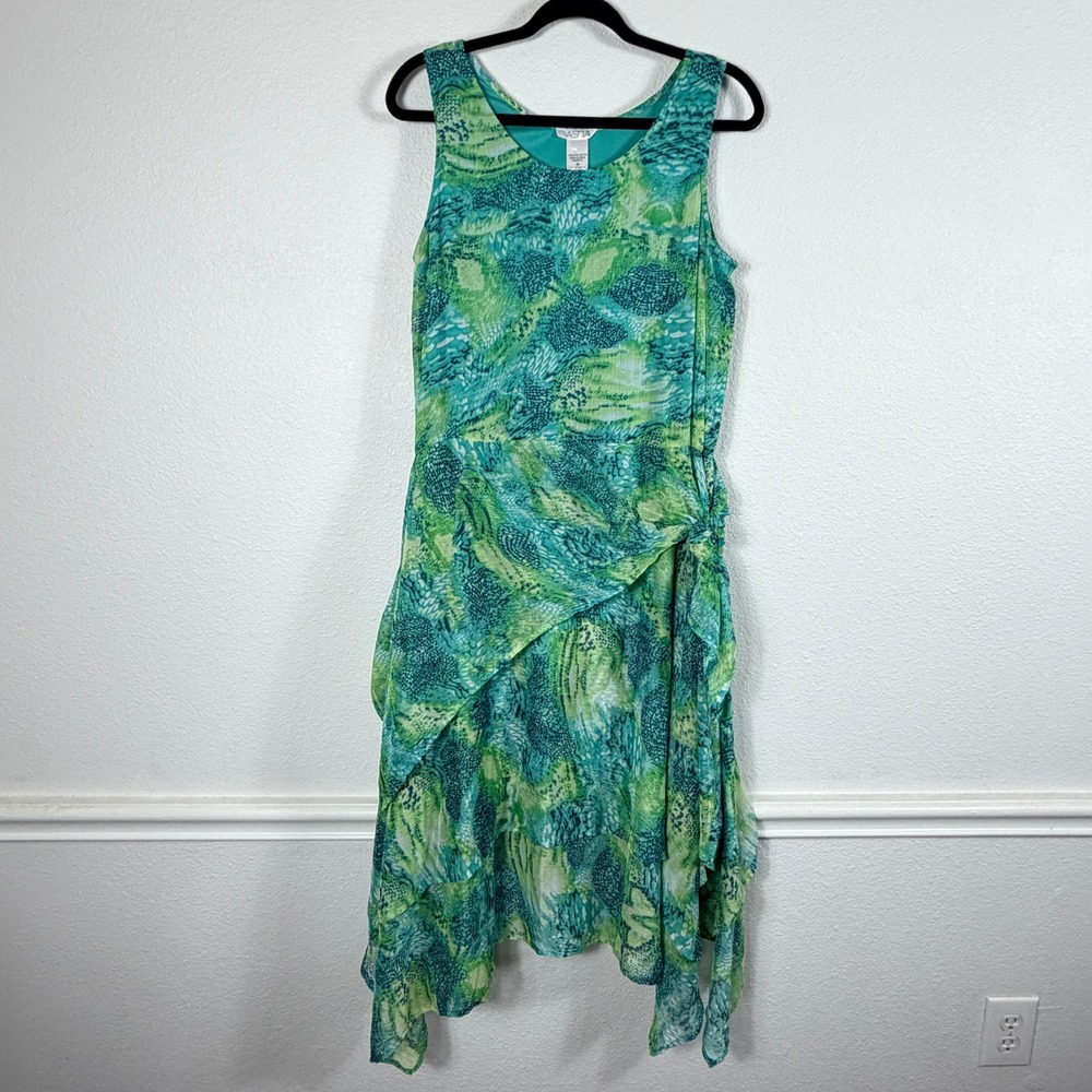 Vasna Womens M Aqua Lime Asymmetrical Dress Hanky Hem Side Knot Chiffon NWT